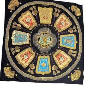 Hermes Black and Gold Scarf with Vibrant Accents